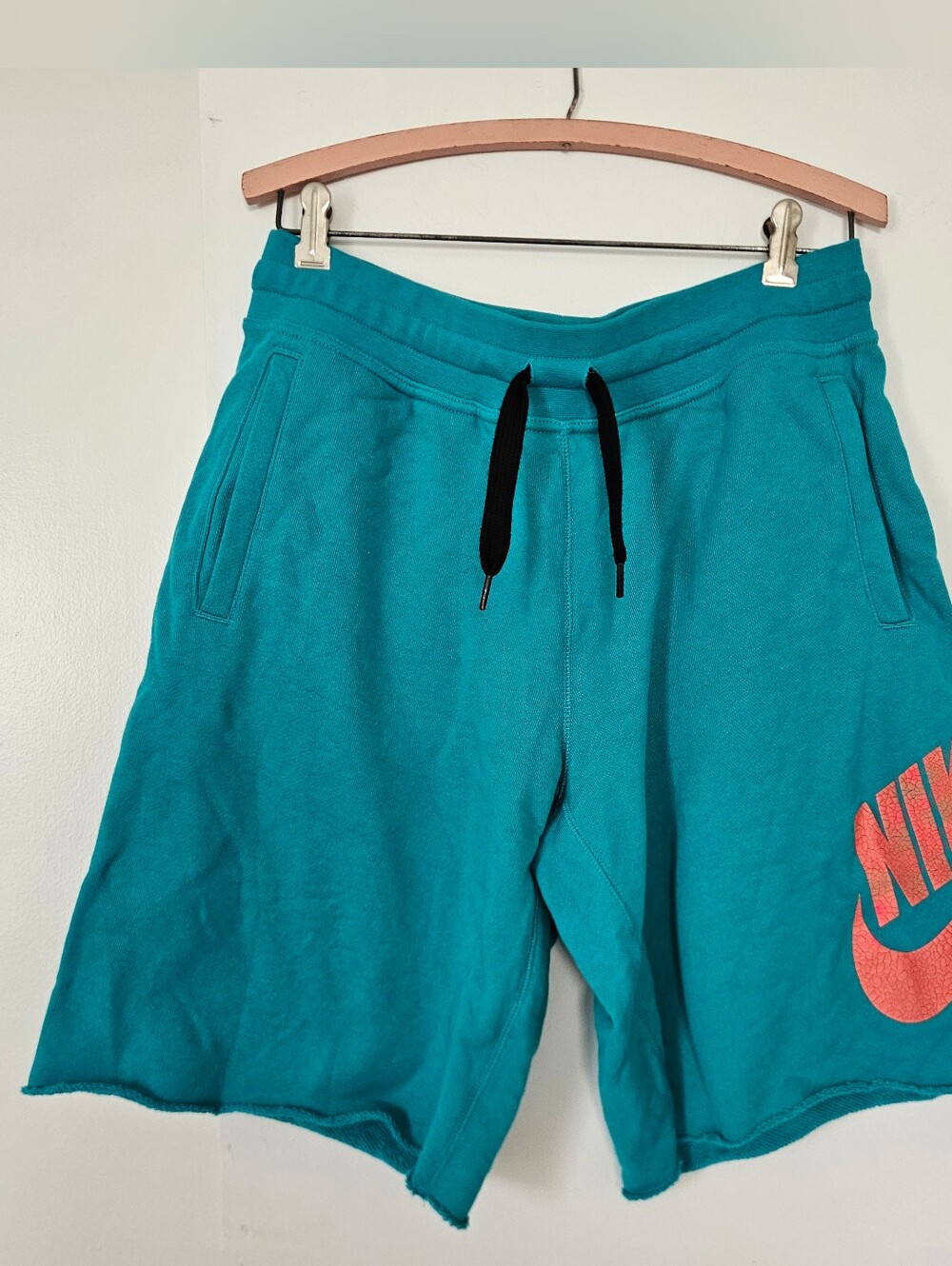 Nike Mens Shorts L AW77 Alumni French Terry Aqua Teal Orange Sporty Swoosh